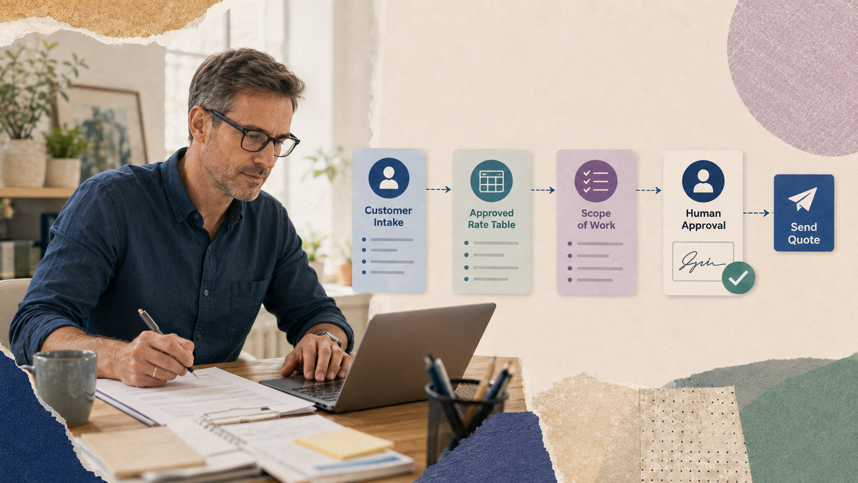 AI-assisted estimate workflow using approved pricing and human review before sending a quote.