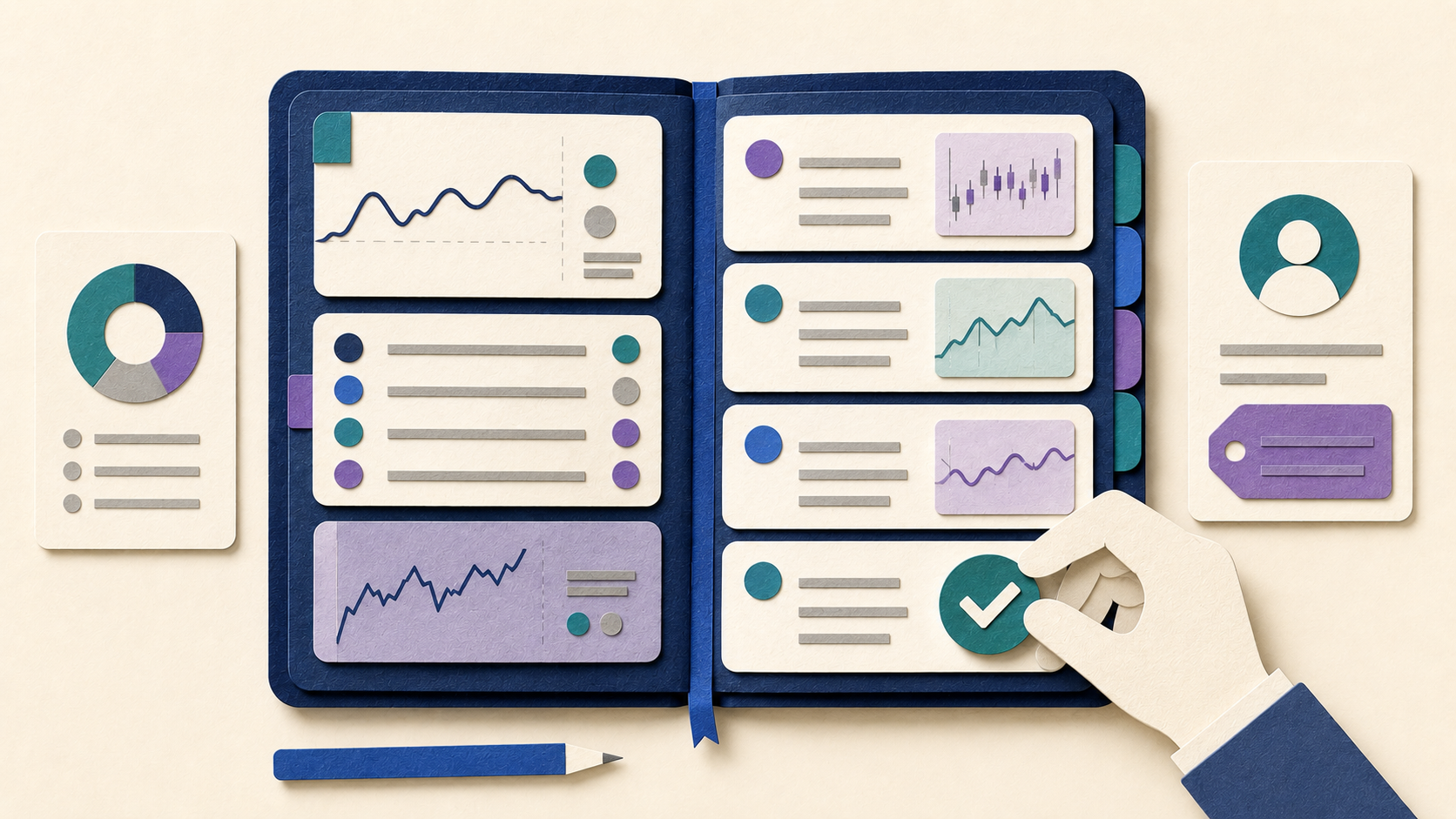 AI trading journal organizing trade notes, checklist adherence, tags, and screenshots for review.